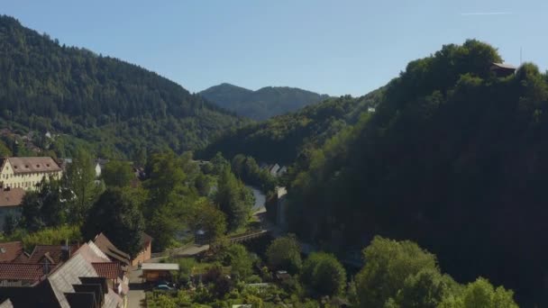 夏の晴れた日に黒い森の中でドイツの都市ウォルフの空中ビュー — ストック動画