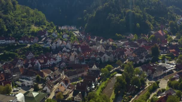 Flygfoto Över Staden Schiltach Tyskland Den Svarta Skogen Solig Eftermiddag — Stockvideo