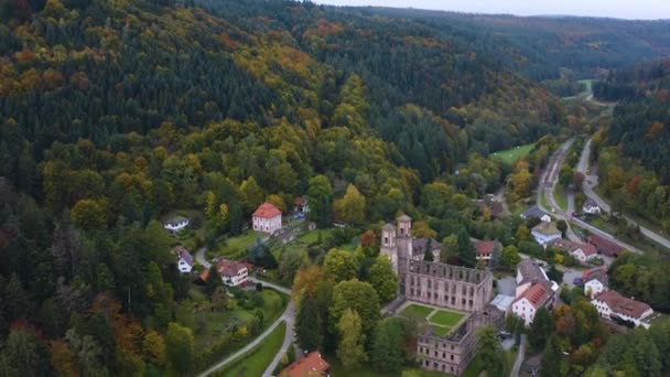 Vista Aérea Alrededor Del Bosque Negro Las Ruinas Del Monasterio — Vídeos de Stock