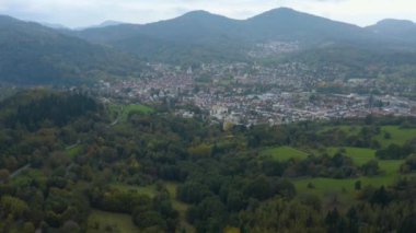 Aerial view of the city  Loffenau in Germany  on a cloudy day in autumn, fall. 