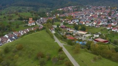 Aerial view of the city  Loffenau in Germany  on a cloudy day in autumn, fall. 