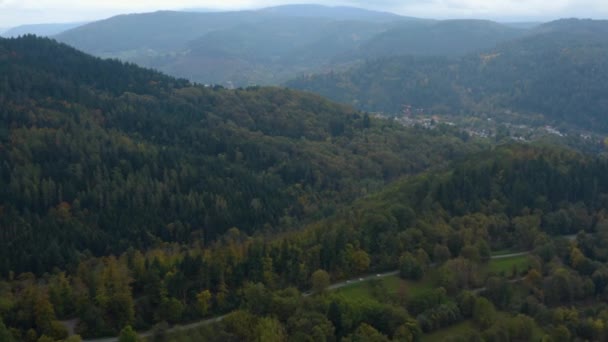 Flygfoto Över Träd Kullar Och Berg Hösten Faller Den Svarta — Stockvideo