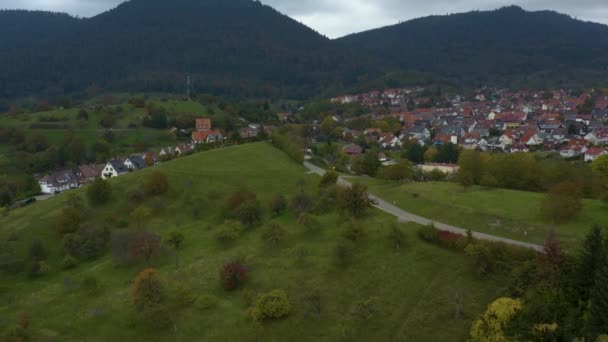 Aerial View City Loffenau Germany Cloudy Day Autumn Fall — Stockvideo