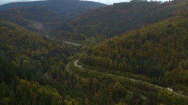 Sonbaharda ağaçların, tepelerin ve dağların havadan görünüşü bulutlu bir günde Almanya 'daki kara ormana düşer.. 
