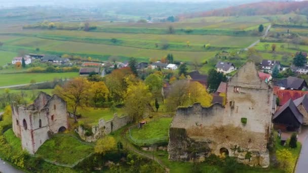 Almanya Sonbaharda Bulutlu Bir Günde Köy Şato Etrafında Hava Manzarası — Stok video
