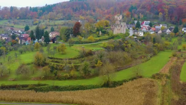 村と城の周りの空中景色ドイツの秋の曇りの日にブルグ ランデック — ストック動画