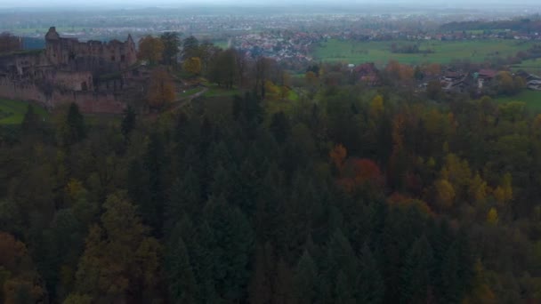 Luftaufnahme Rund Sexau Und Burg Hochburg Einem Bewölkten Herbsttag Deutschland — Stockvideo