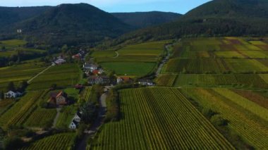 Sonbaharda Almanya 'da Rhineland-Palatinate üzüm bağları etrafındaki hava manzarası.