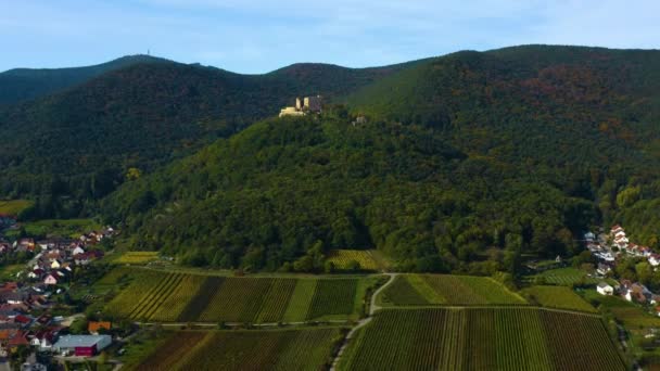 Luchtfoto Van Stad Neustadt Het Kasteel Paleis Hambacher Schloss Pfalz — Stockvideo