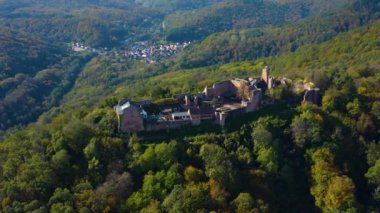 Üzüm bağları ve sonbaharda Almanya 'da Rhineland-Palatinate' de bir şato çevresindeki hava manzarası.