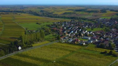 Sonbaharda Almanya 'da Rhineland-Palatinate üzüm bağları etrafındaki hava manzarası.