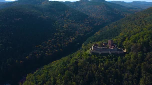 Luftaufnahme Rund Weinberge Und Ein Schloss Rheinland Pfalz Herbst — Stockvideo