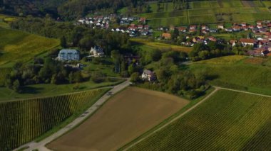Sonbaharda Almanya 'da Rhineland-Palatinate üzüm bağları etrafındaki hava manzarası.