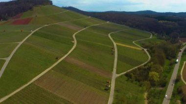 Almanya 'nın Grobottwar kentindeki üzüm bağlarının hava manzarası güneşli bir sonbahar gününde