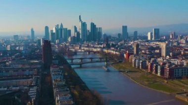 Aerial panorama view of downtown Frankfurt and the ECB tower in autumn on a sunny day
