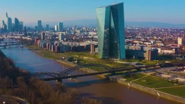 Aerial panorama view of downtown Frankfurt and the ECB tower in autumn on a sunny day