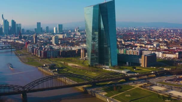 Aerial Panorama View Downtown Frankfurt Ecb Tower Autumn Sunny Day — Vídeos de Stock