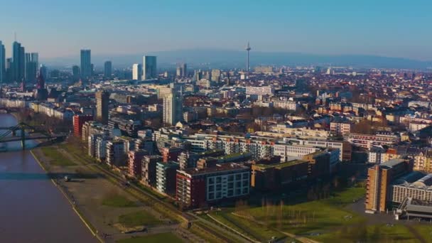 Aerial Panorama View Downtown Frankfurt Ecb Tower Autumn Sunny Day — Stok video