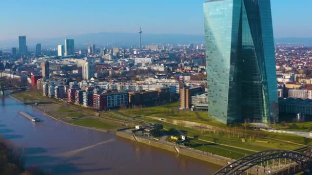 Aerial Panorama View Downtown Frankfurt Ecb Tower Autumn Sunny Day — Vídeos de Stock