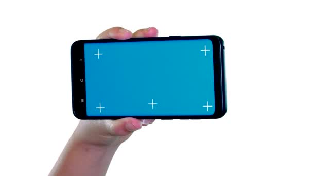 蓝色屏幕模板用于手机 手指是指向的 而不是滑动的 — 图库视频影像