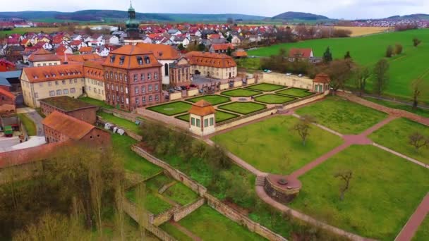 Almanya Daki Johannesberg Köyünün Manastırının Havadan Görünüşü Hesse Ilkbahar Günü — Stok video