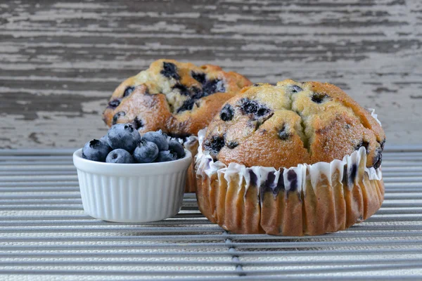 Muffins de mirtilo frescos na serapilheira rústica — Fotografia de Stock