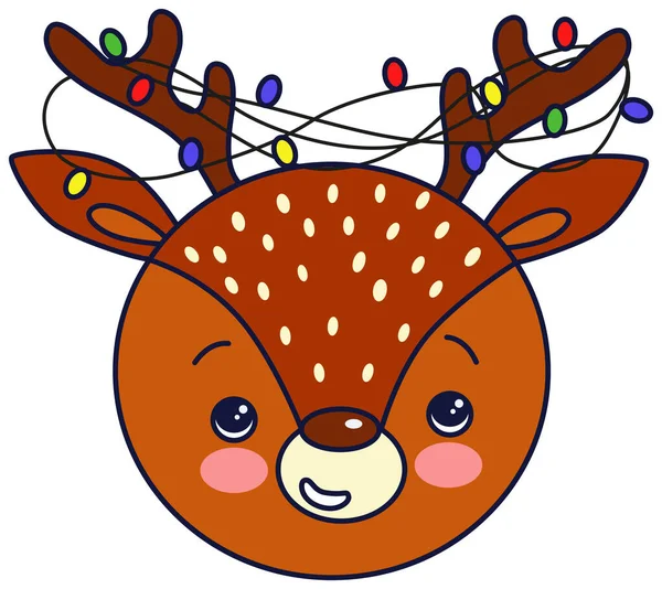 Ilustración vectorial: linda cara de ciervo navideño con guirnalda. Feliz Navidad tarjeta de fondo. — Vector de stock