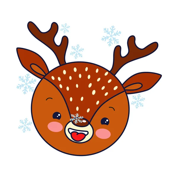 Vektorové ilustrace: roztomilá tvář vánočního jelena chytá sněhové vločky jazykem. Veselé Vánoce a šťastný nový rok karty pozadí. — Stockový vektor