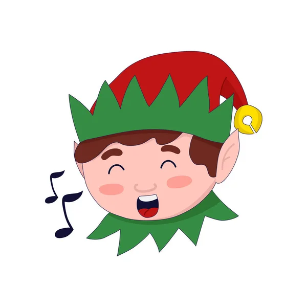 Ilustración vectorial: lindo elfo de Navidad canta. Ayudante de Santas. — Vector de stock