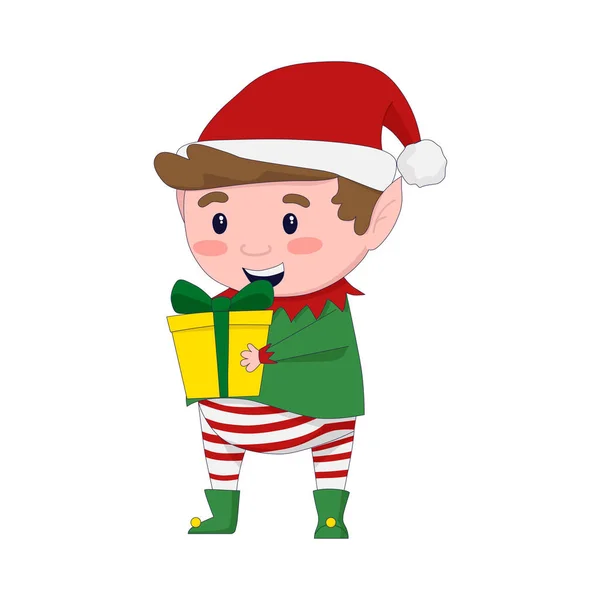 Ilustración vectorial: elfo navideño lindo sosteniendo un regalo. Ayudante de Santas. — Vector de stock