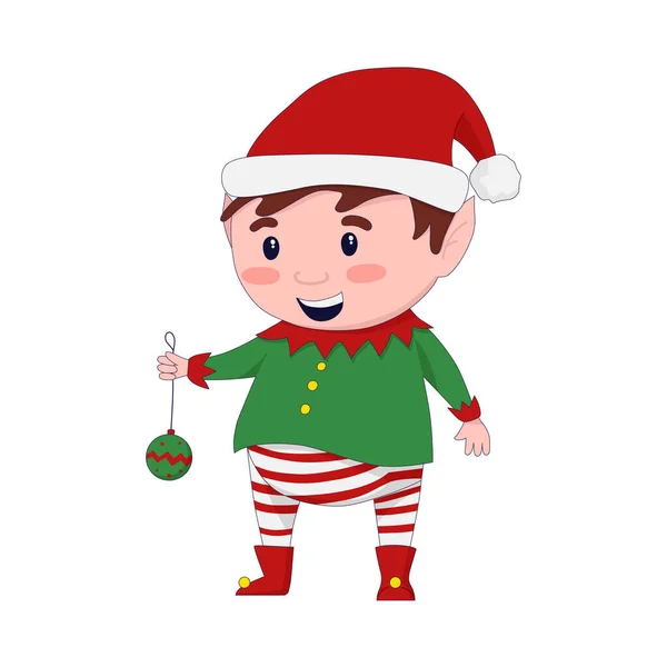 Ilustración vectorial: un lindo elfo de Navidad sosteniendo una bola de Navidad. Ayudante de Santas. — Vector de stock
