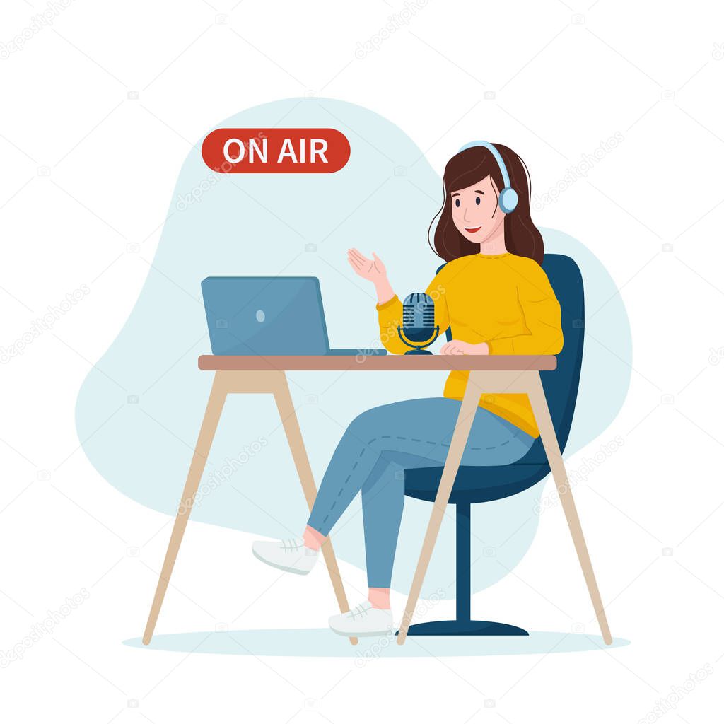 Vector illustration: podcast concept. Woman podcaster talking with microphone, recording podcast.