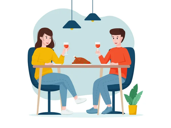 ベクトルイラスト 自宅でロマンチックなディナー 男と女はワインを飲んでる — ストックベクタ