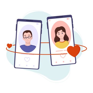 Vektör illüstrasyon: Sanal aşk kavramı. İnternetten randevulaşma..