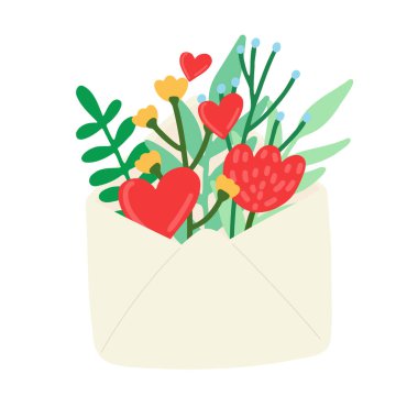 Vektör illüstrasyonu: çiçekli zarf. Sevgililer Günü çizim stili.