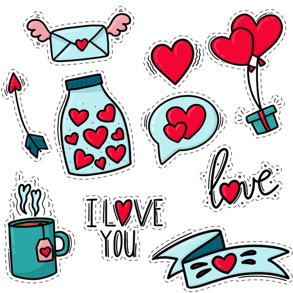 Vector illustration: stickers for valentines day. Doodle style love stickers. — Stock Vector