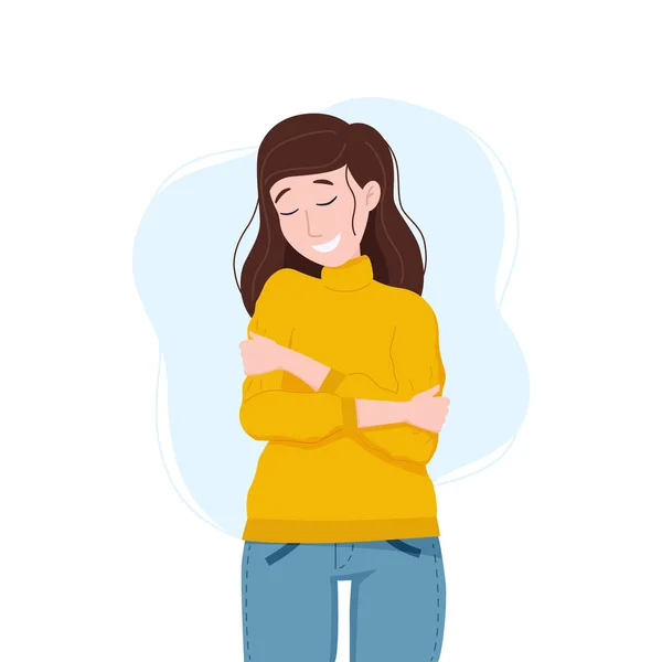 Vector illustration: love yourself concept. Woman hugging herself. — Stock Vector