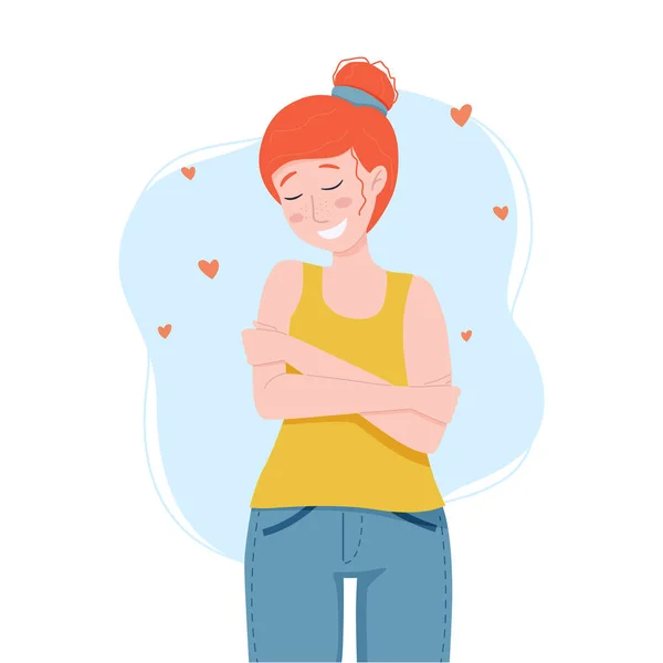 Vector illustration: love yourself concept. Woman hugging herself. — Stock Vector