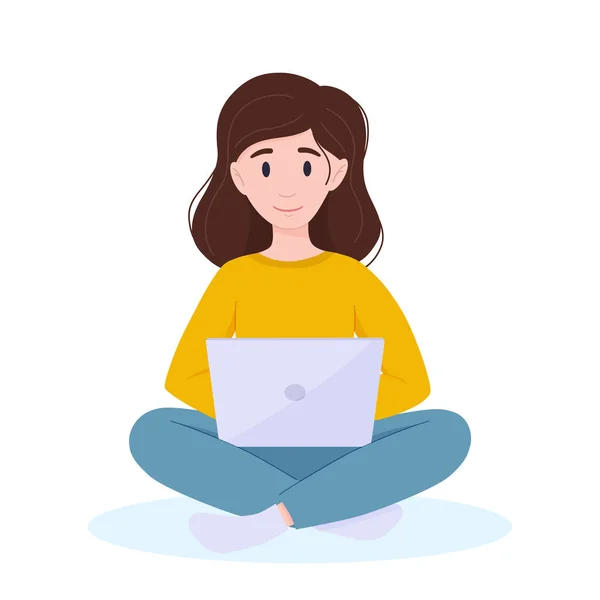 Woman with laptop. Freelancer, student, employee concept. —  Vetores de Stock