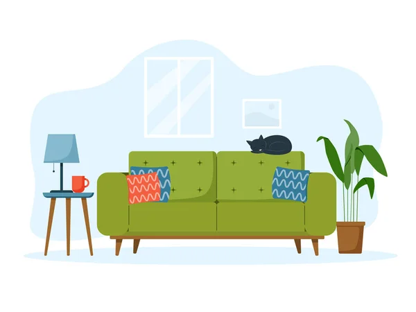 Ilustrace moderního interiéru obývacího pokoje s pohovkou a postranním stolem. Domácí rostlina. Ilustrace v plochém stylu. — Stockový vektor