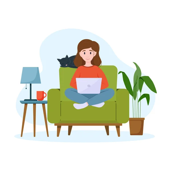 Een vrouw werkt op een laptop in een leunstoel. Werk vanuit huis concept. Freelance-concept. — Stockvector