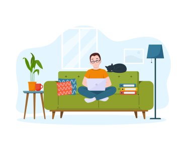 Adamın biri kanepede dizüstü bilgisayarda çalışıyor. Ev kavramından çalış. Serbest konsept.