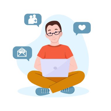 İnternette dizüstü bilgisayarı olan bir adam. Serbest konsept.