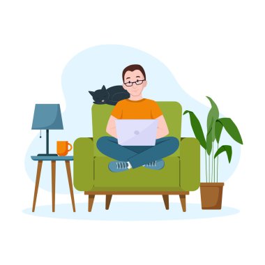 Adam bir sandalyede oturuyor. Ev kavramından çalış. Serbest konsept.