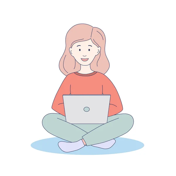 Vrouw met laptop. Illustratie in de hand verdrinken en dunne lijn stijl. Freelance-concept. — Stockvector