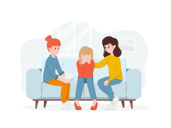 İki kadın ağlayan bir arkadaşı destekliyor. Dostça destek kavramı ve rahatlatıcı arkadaşlar.