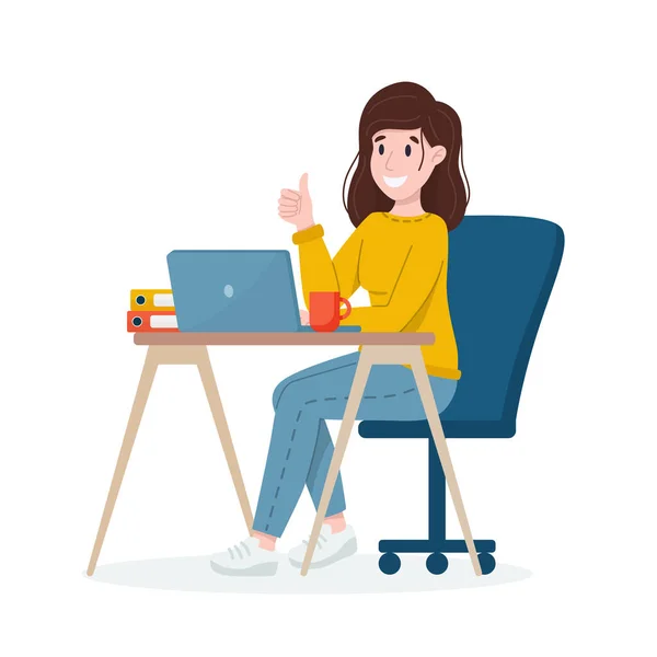 Mutlu kadın dizüstü bilgisayar için çalışıyor. Mutlu çalışan konsepti.