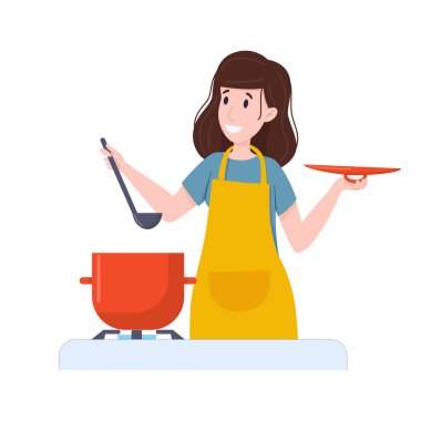 Kadın tencerede yemek hazırlıyor. Çorba güveci ocakta..