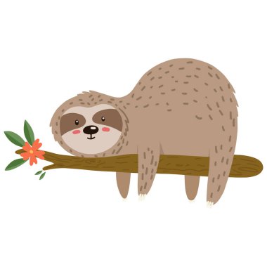 Ağaçta asılı sevimli tembel hayvan karakteri. Çocuk odası tasarımı, poster, tebrik, tebrik kartı..