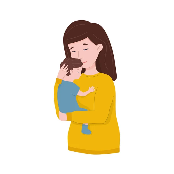 Šťastná mladá máma objímá své dítě. Šťastné pozdravy - Den matek. — Stockový vektor